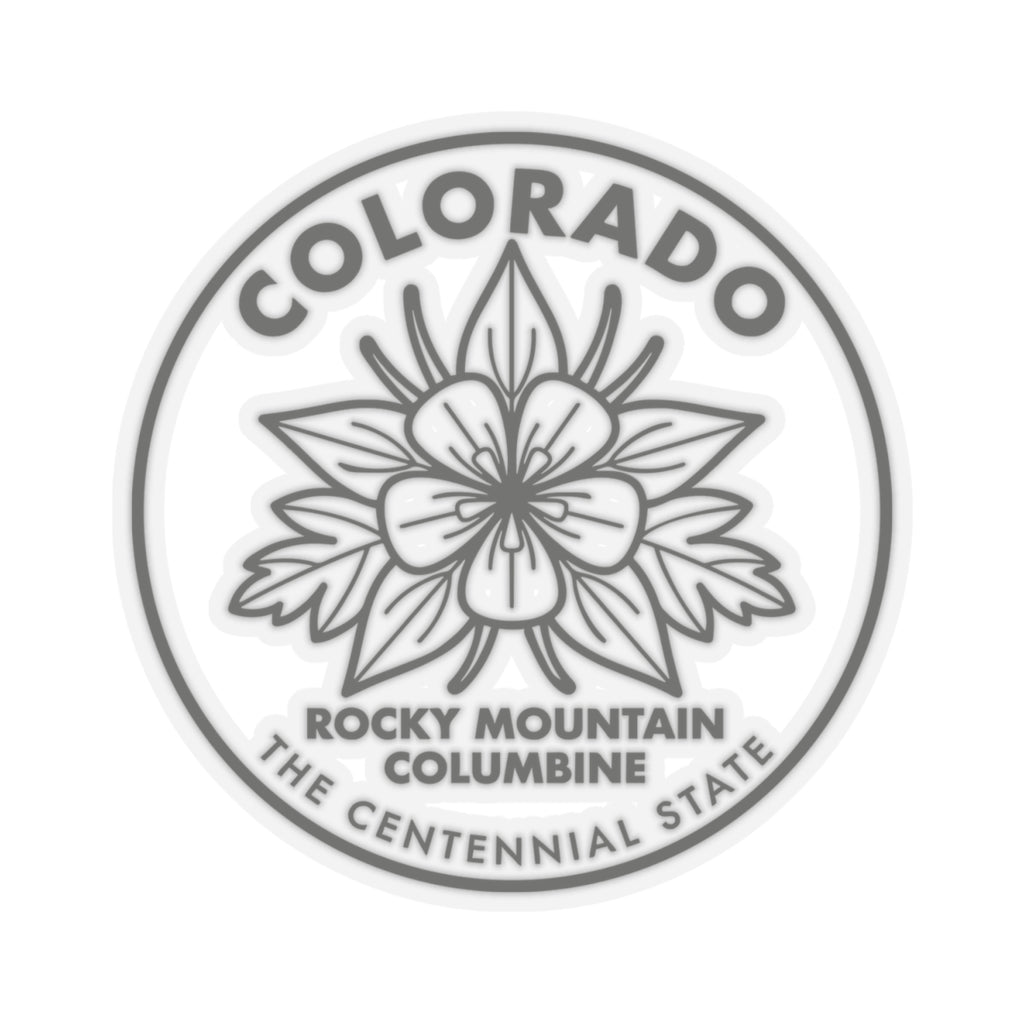 Close-up of round columbine state flower sticker decal with “COLORADO” lettering