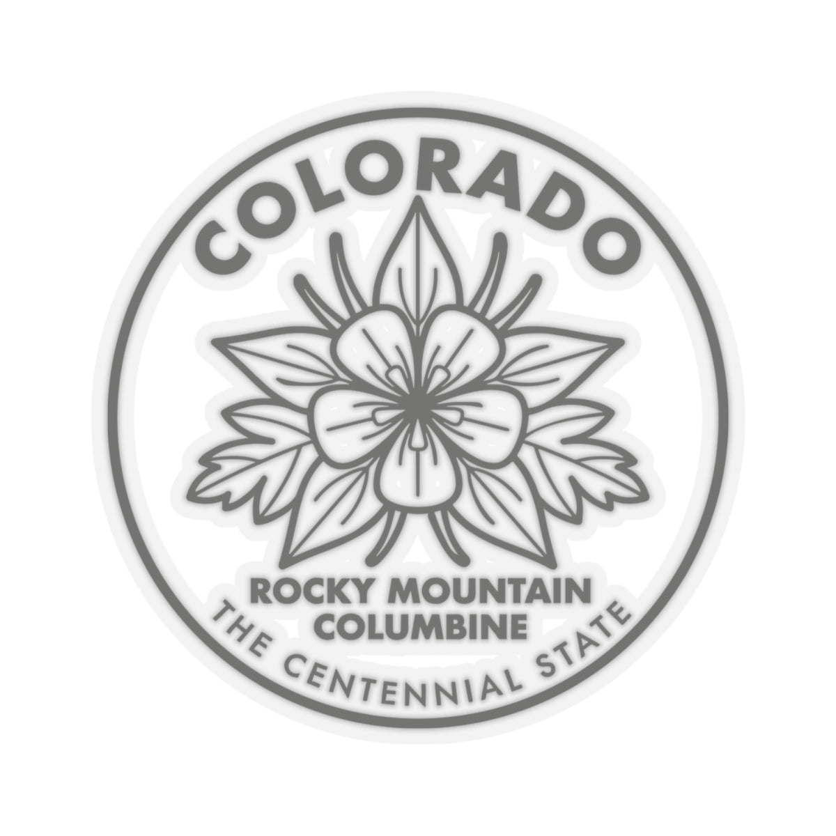 Close-up of round columbine state flower sticker decal with “COLORADO” lettering