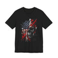 Black skull graphic T-shirt with American flag panel, red splatter, Chaos & Glory print