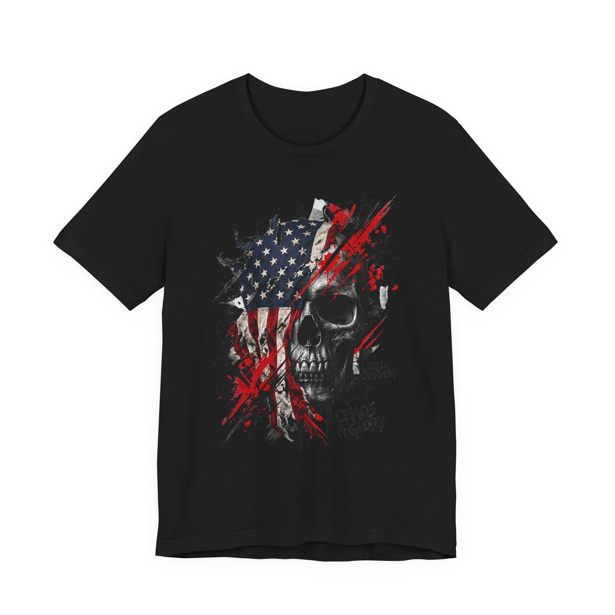 Black skull graphic T-shirt with American flag panel, red splatter, Chaos & Glory print
