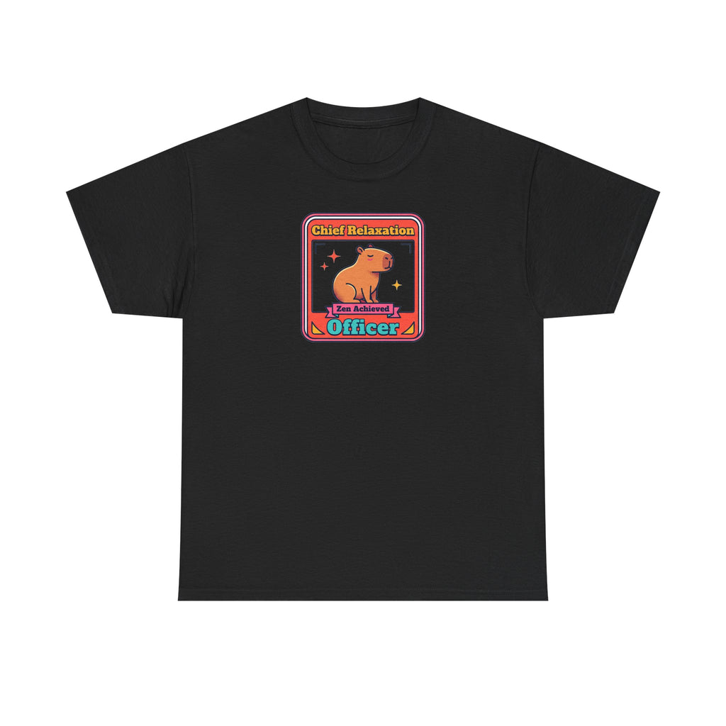 Black t-shirt with framed capybara graphic reading “Chief Relaxation Officer”.