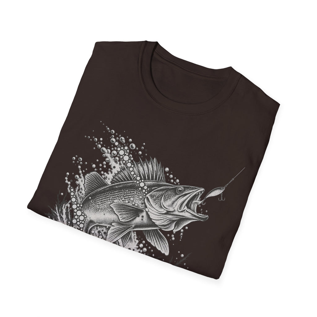 Walleye fishing T-shirt in dark brown with front leaping fish graphic in white