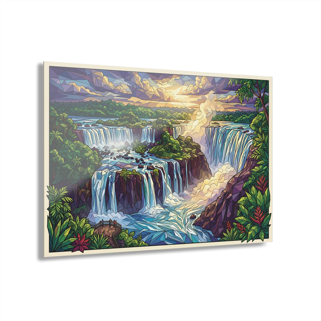 Framed acrylic waterfall wall art with tropical jungle and cascading multi-tier falls