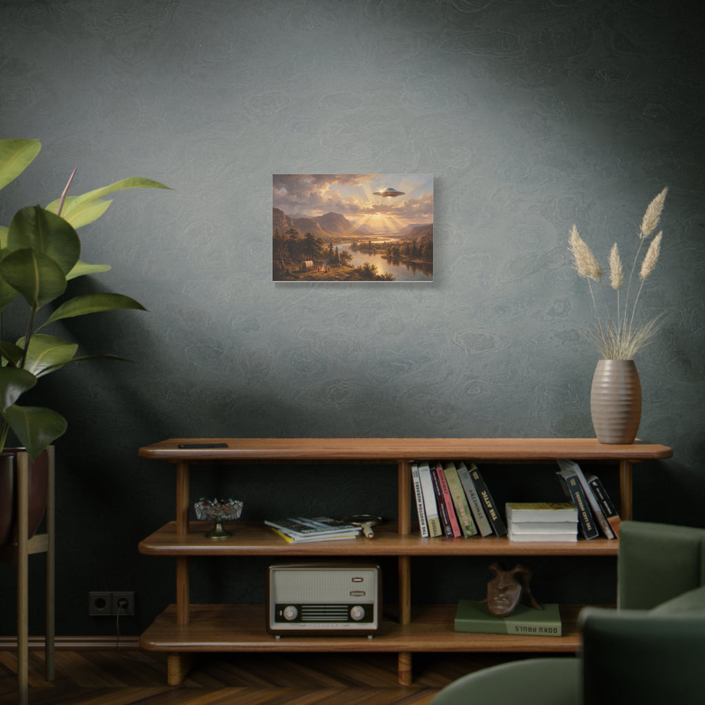 Pastoral river landscape canvas in a rectangular frame with sunset sky and distant hills.