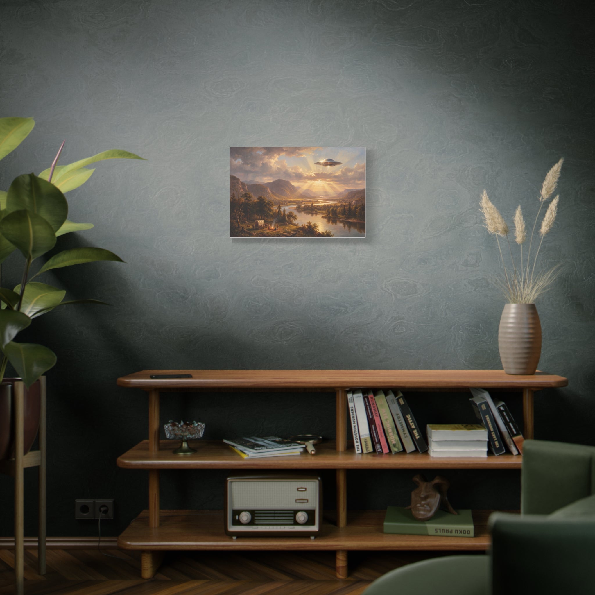 Pastoral river landscape canvas in a rectangular frame with sunset sky and distant hills.