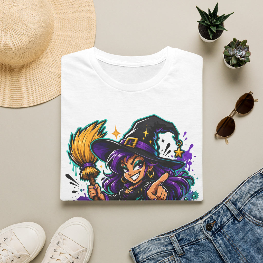 White T-shirt laid flat with colorful witch and candy graphic across the chest
