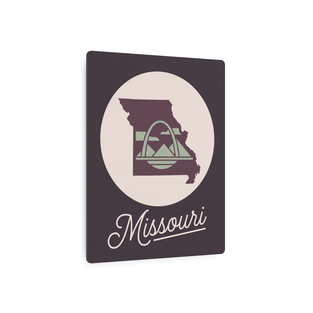Mauve square metal wall art with circular Missouri logo and script "Missouri"