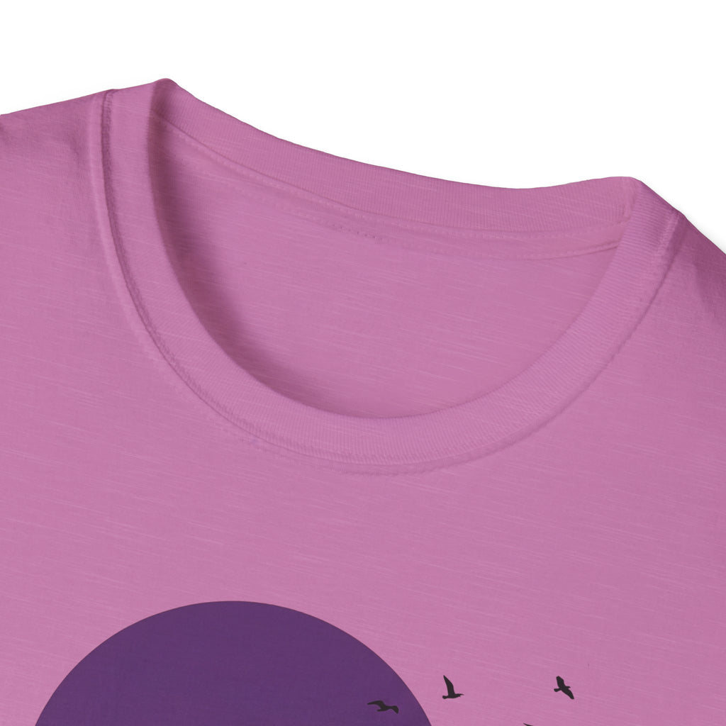 Light pink T-shirt close-up of crew neck with partial moon-and-tree graphic