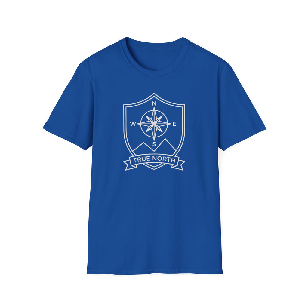 Royal blue compass shield T-shirt with compass rose emblem and True North ribbon