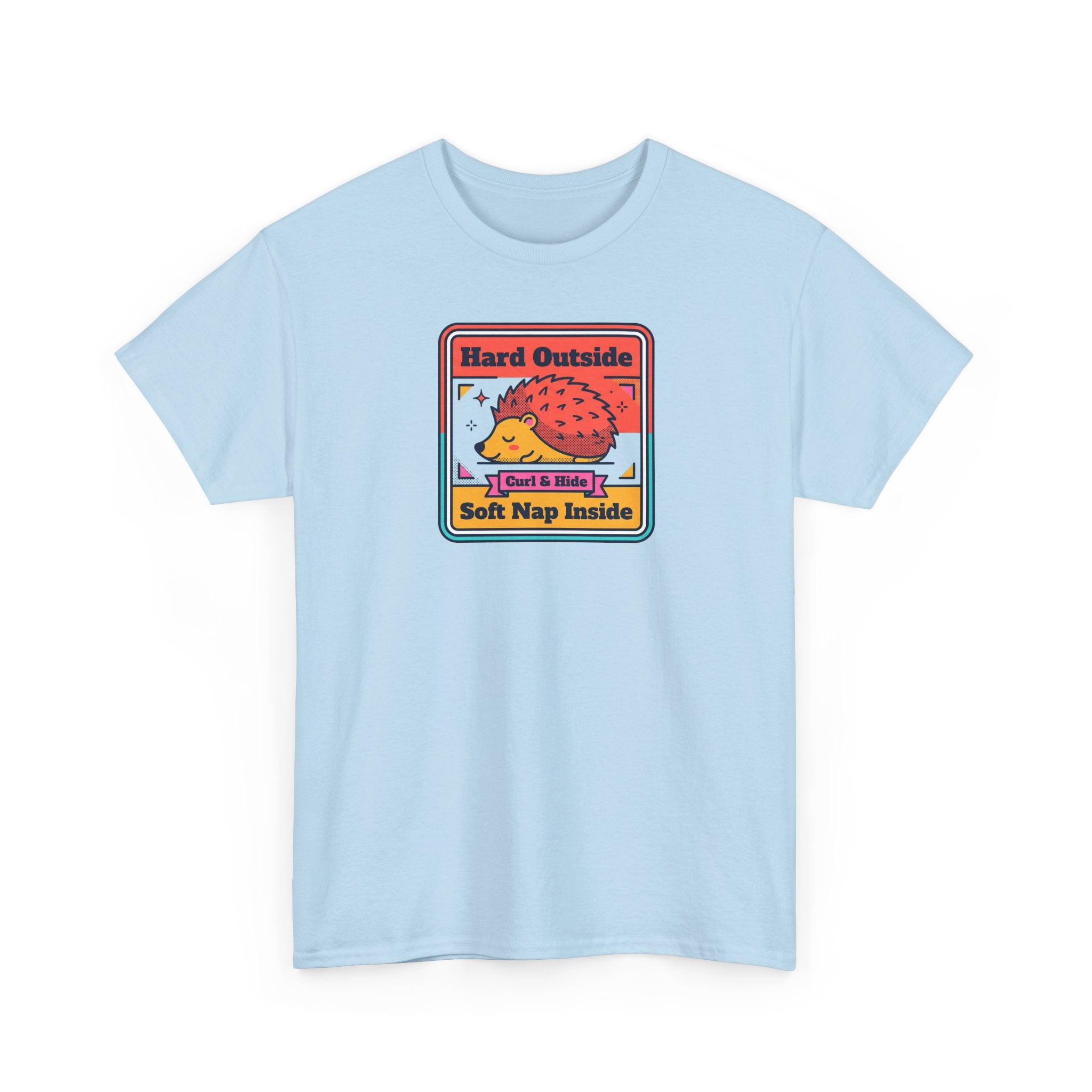Light blue graphic T-shirt with hedgehog introvert slogan, crew neck short sleeves