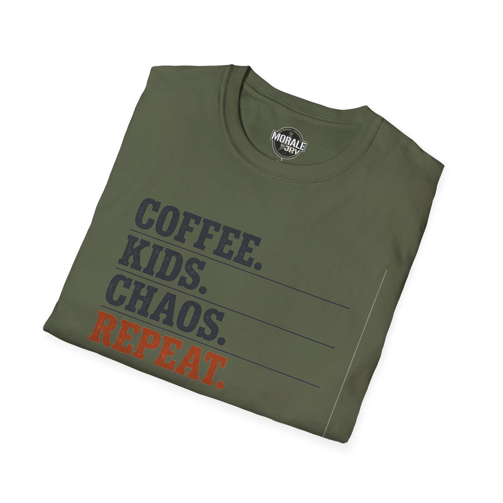 Military green T-shirt front text: “COFFEE. KIDS. CHAOS. REPEAT.”