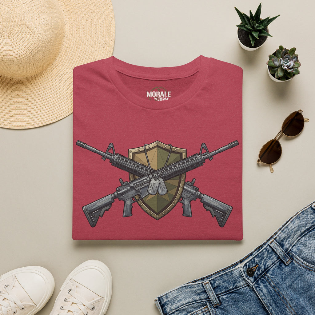 Burgundy crew-neck T-shirt with crossed rifles and shield graphic on the front.