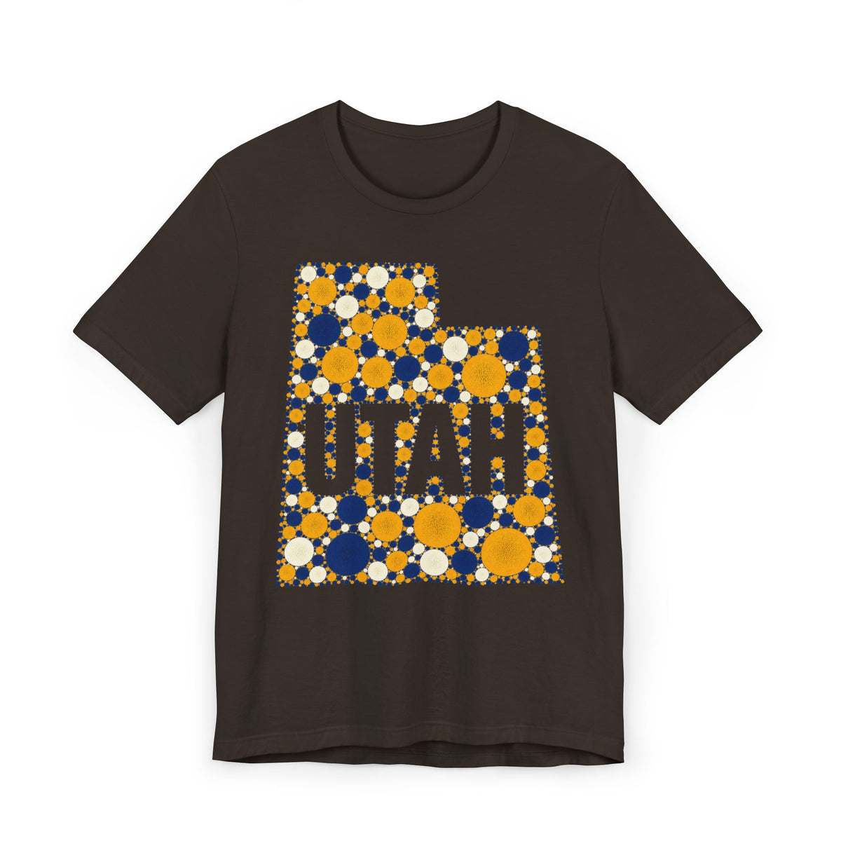 Polka dot Utah graphic t-shirt with UTAH text, blue and yellow on black