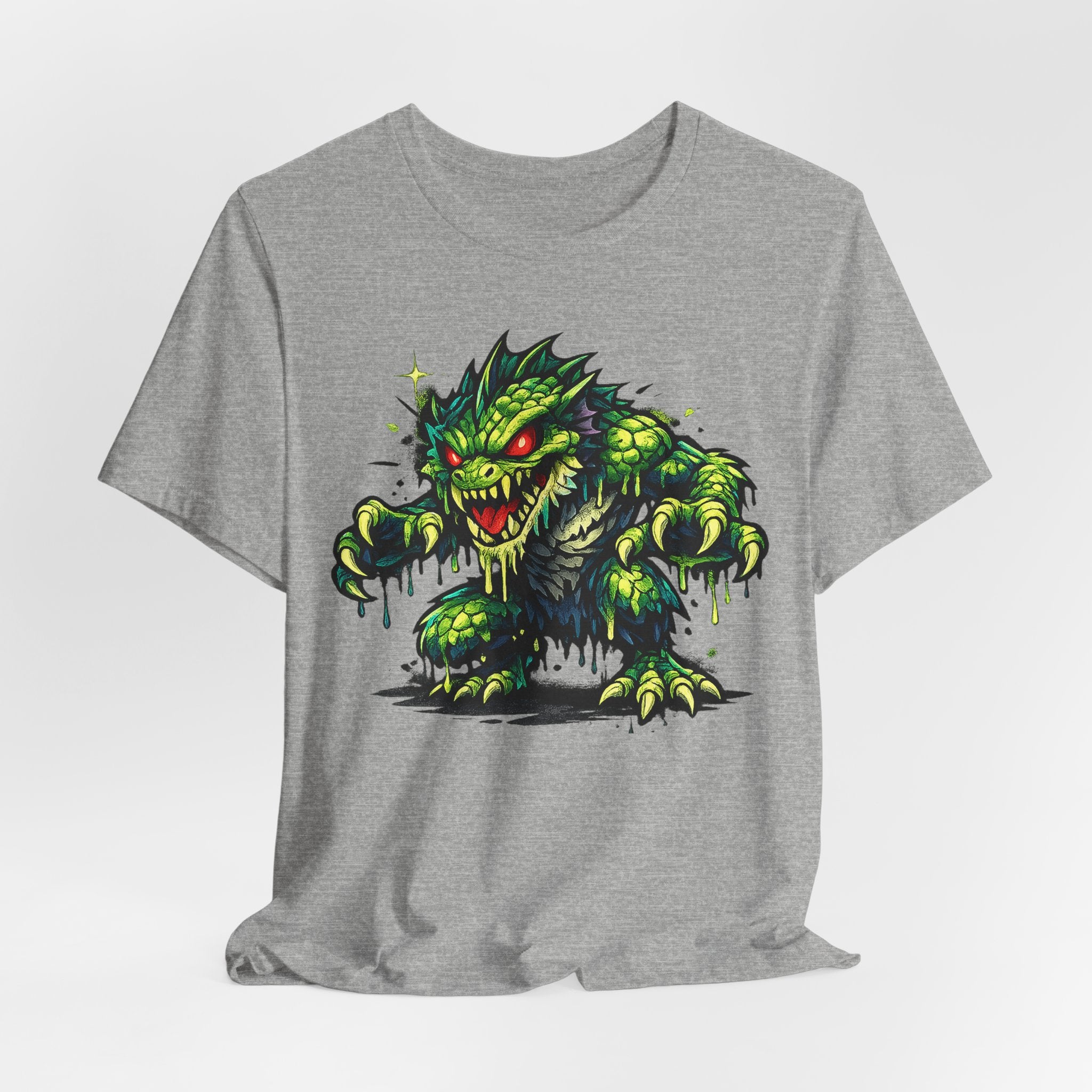 Dark gray monster illustration graphic t-shirt, short-sleeve crew neck with green creature