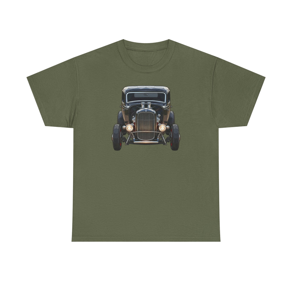 Olive green T-shirt with vintage hot rod car graphic on the chest