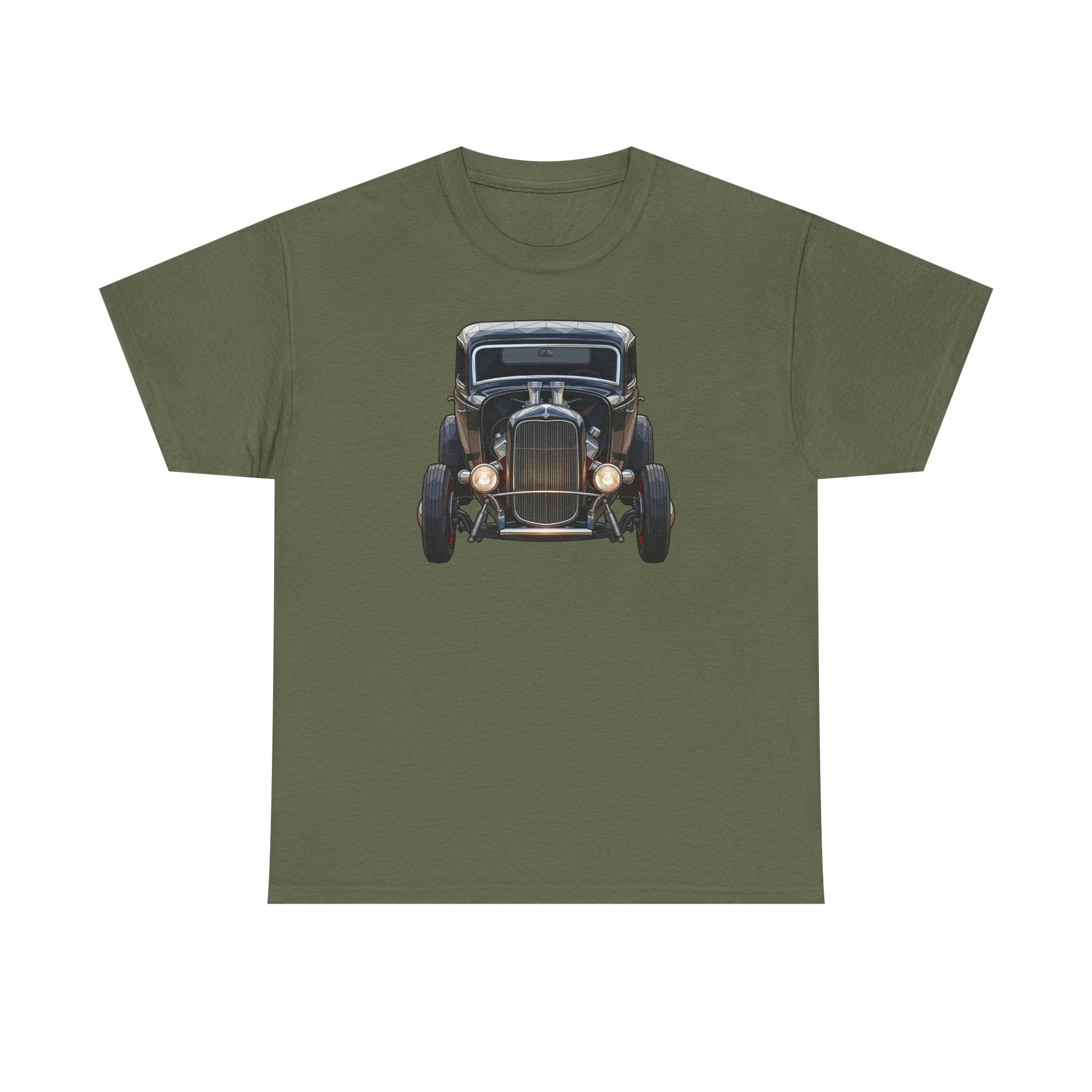 Olive green T-shirt with vintage hot rod car graphic on the chest