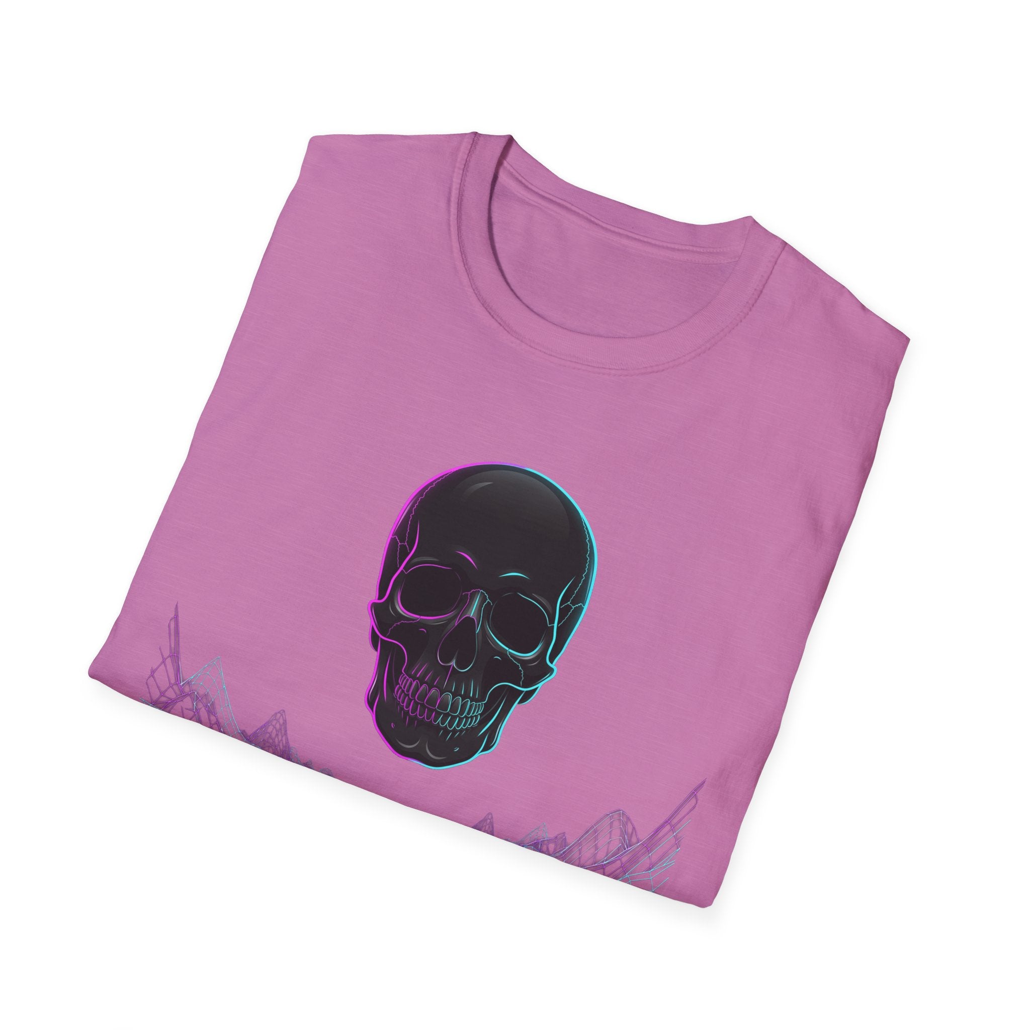 Pink T-shirt with neon skull graphic and synthwave lines