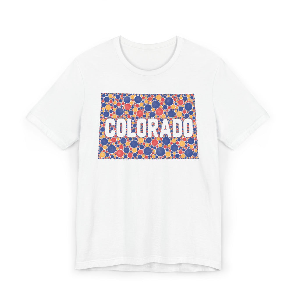 White T-shirt with patterned COLORADO graphic on front