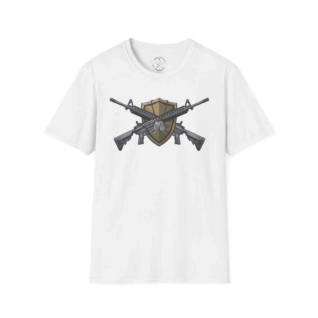 White crew-neck T-shirt with crossed rifles shield graphic on the front