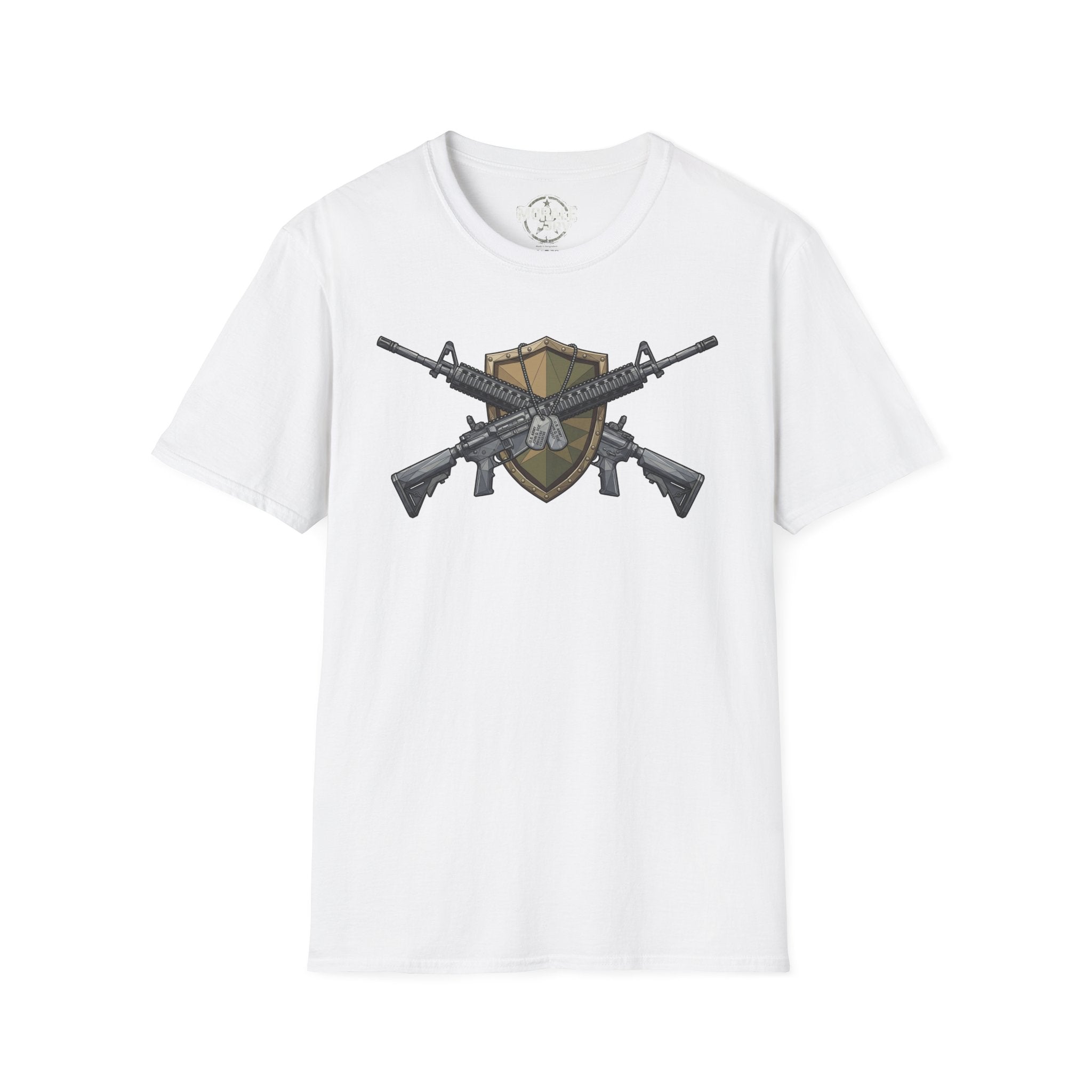 White crew-neck T-shirt with crossed rifles shield graphic on the front