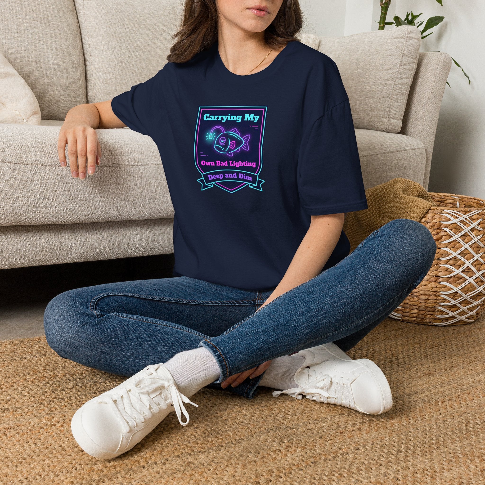 Dark navy crewneck T-shirt with neon anglerfish graphic on chest