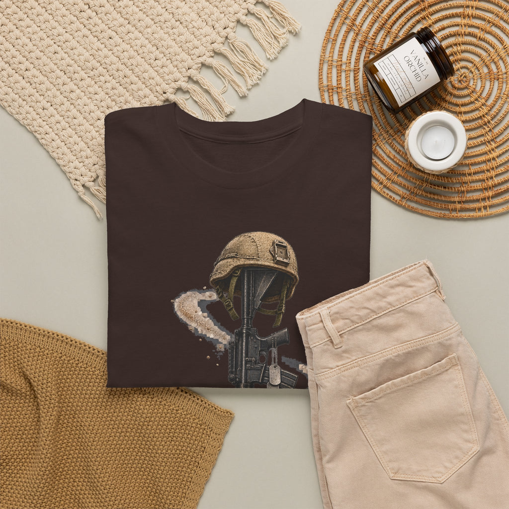 Dark brown T-shirt with distressed soldier helmet and rifle graphic on front