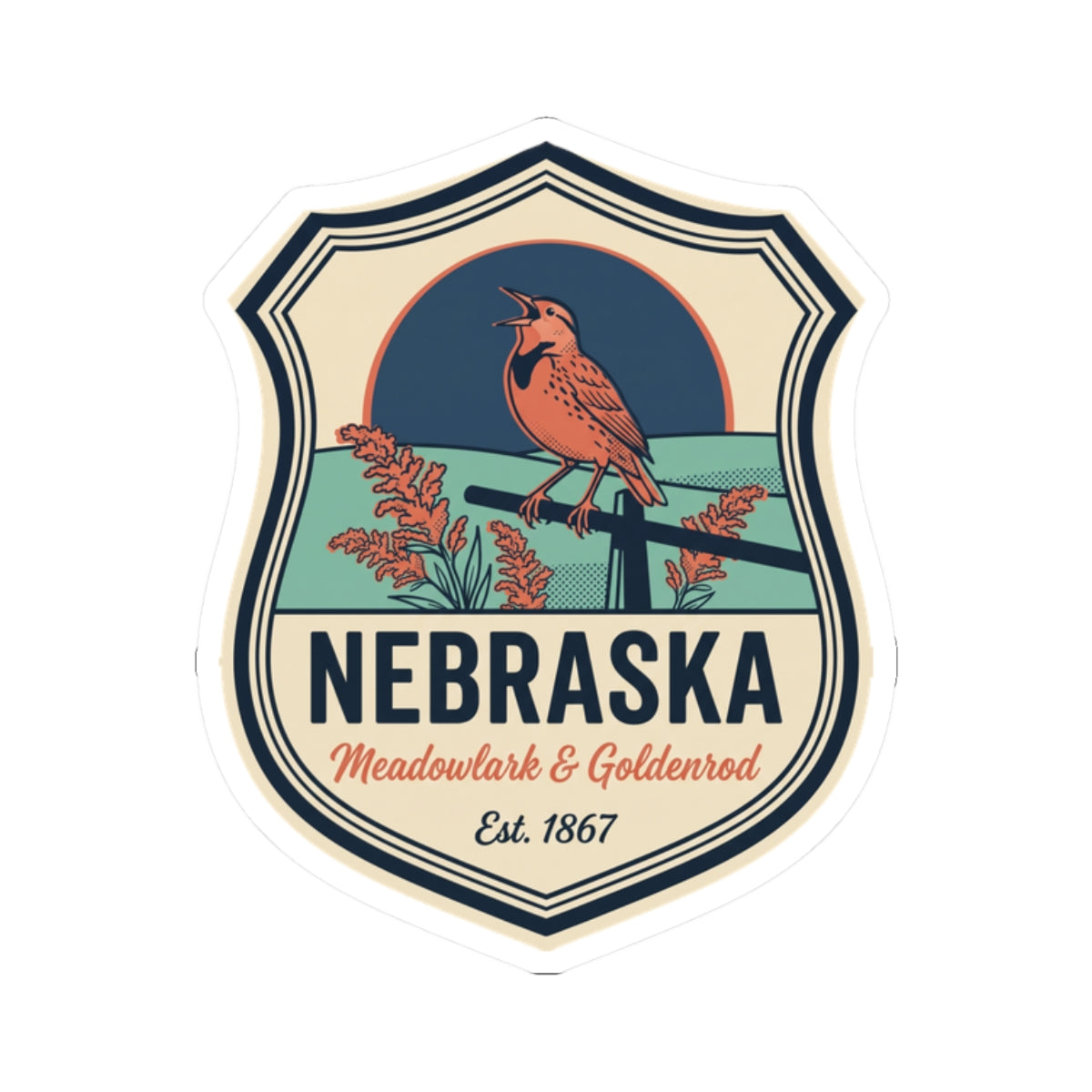 Nebraska retro badge sticker with meadowlark illustration and goldenrod lettering