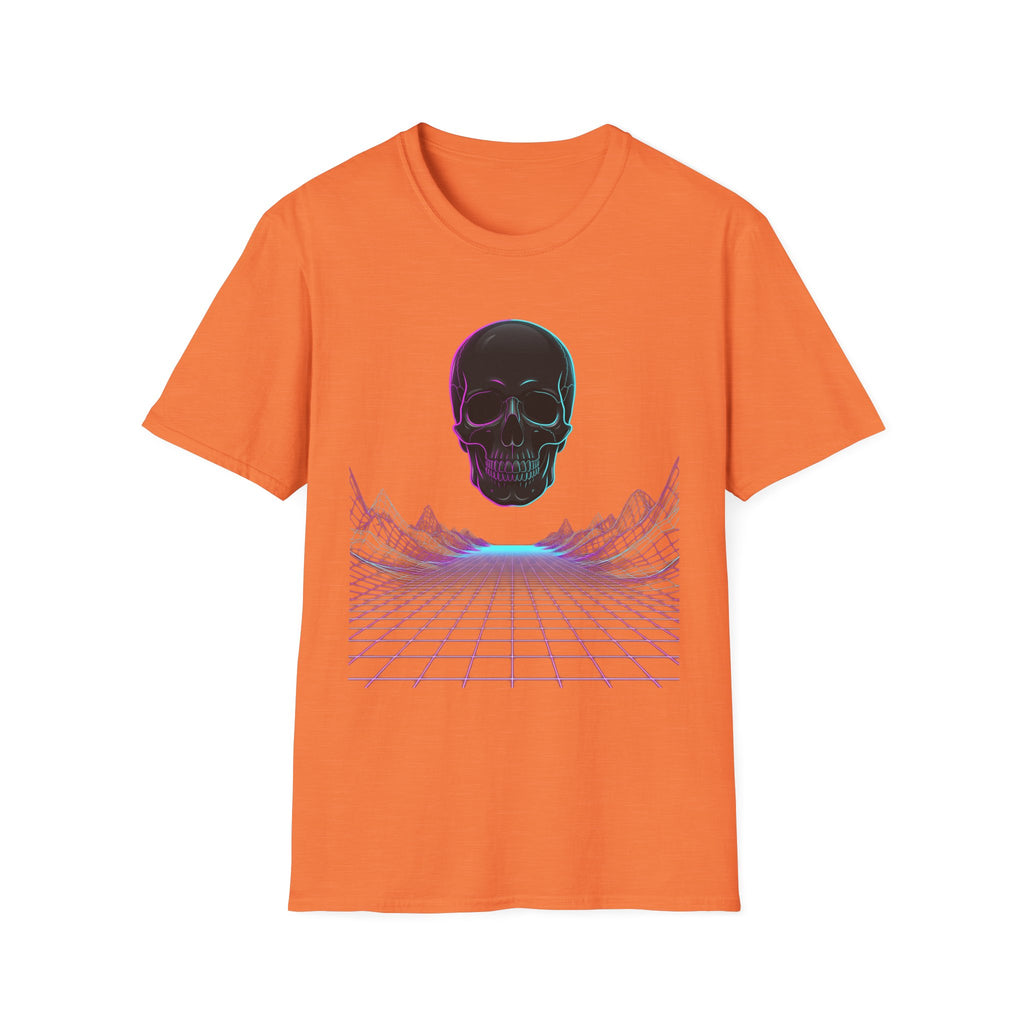 Neon skull T-shirt, orange front with neon skull and purple grid line artwork