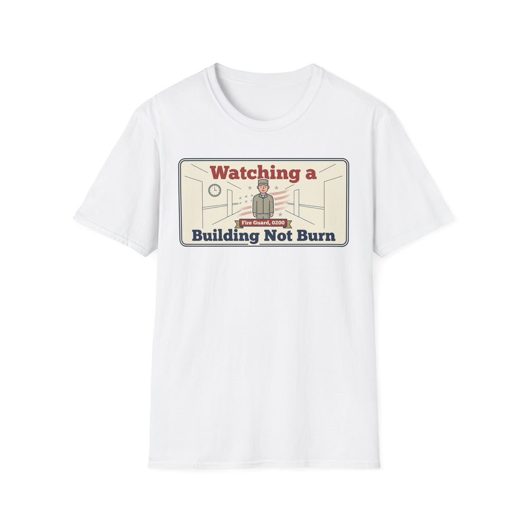 White T-shirt with rectangular building not burn graphic