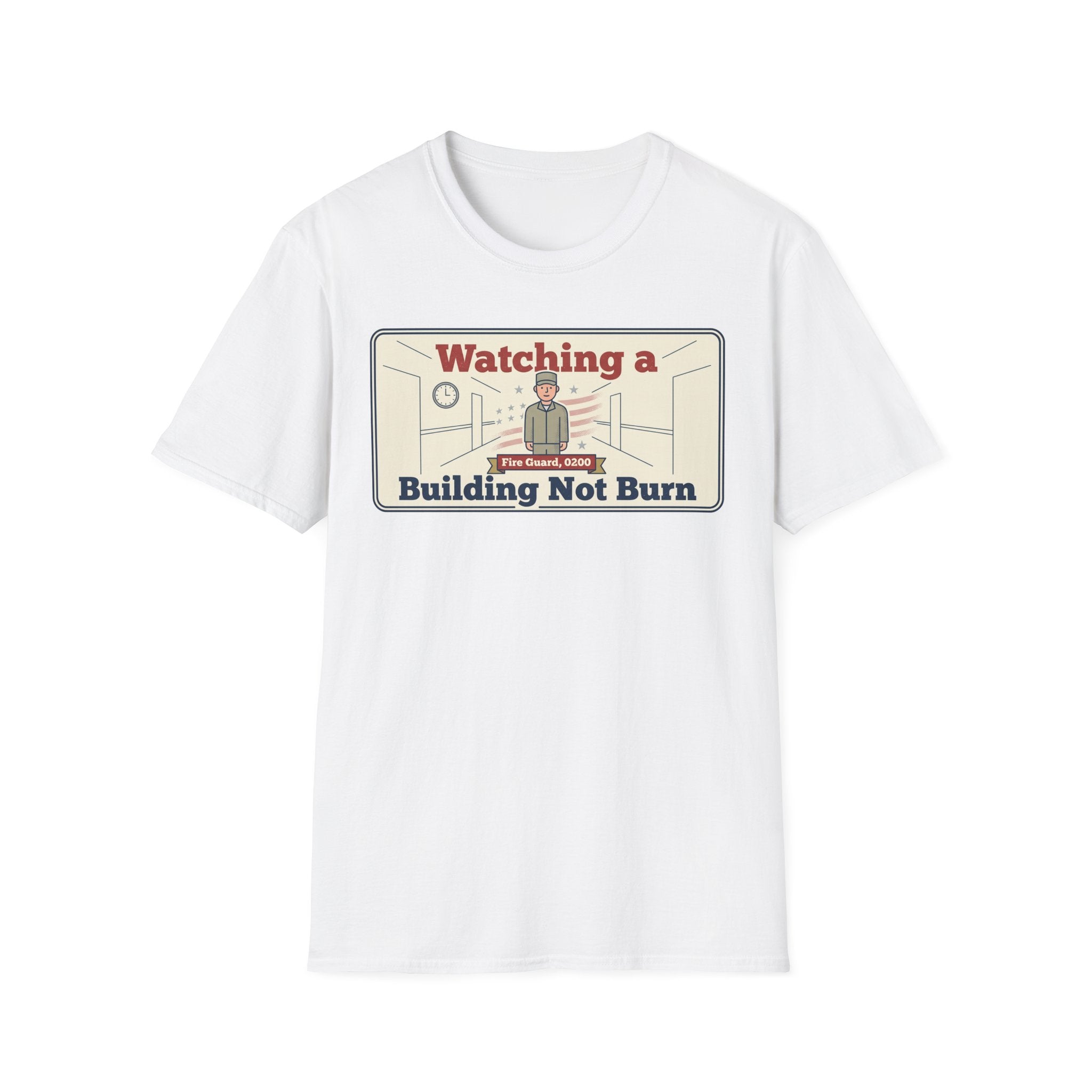 White T-shirt with rectangular building not burn graphic