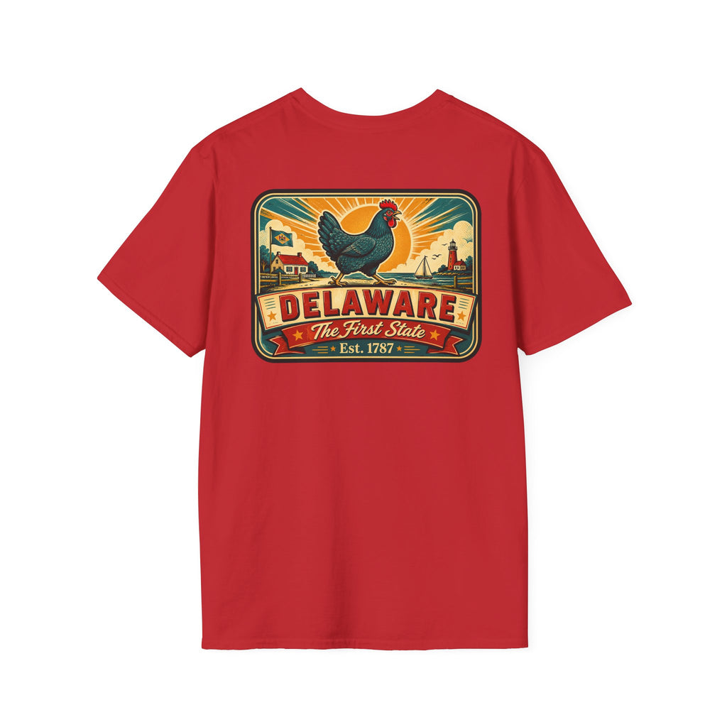 Red Delaware travel badge T-shirt with colorful hen and “Delaware” front graphic