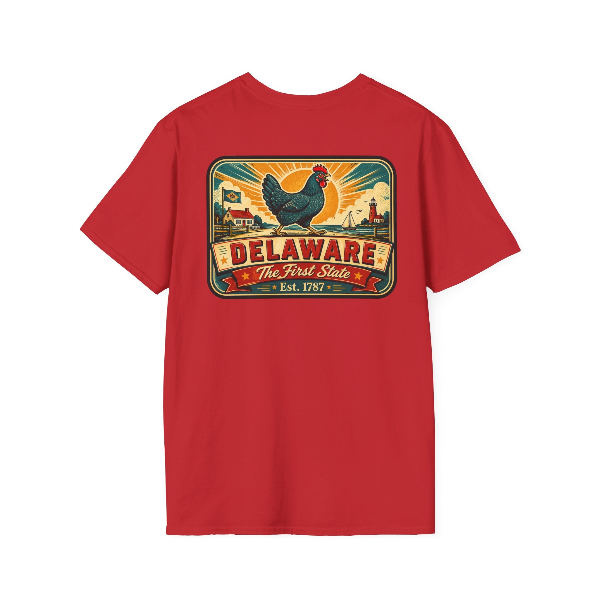 Red Delaware travel badge T-shirt with colorful hen and “Delaware” front graphic