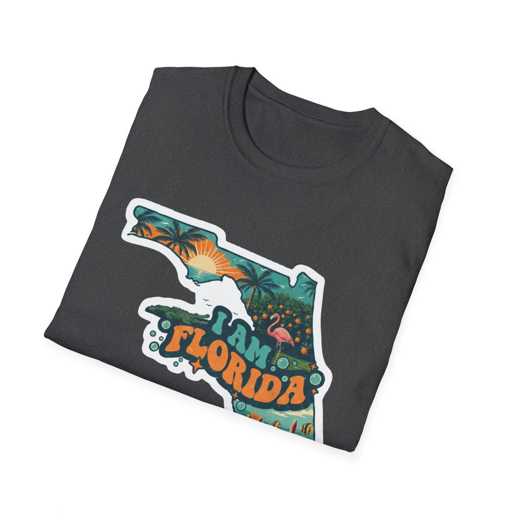 Camiseta gris carbón con mapa de Florida tropical y flamencos