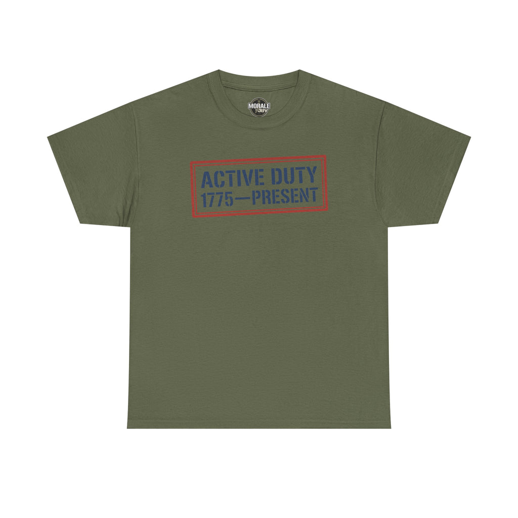Military green crew neck tee with red and blue “Active Duty 1775–Present” chest logo