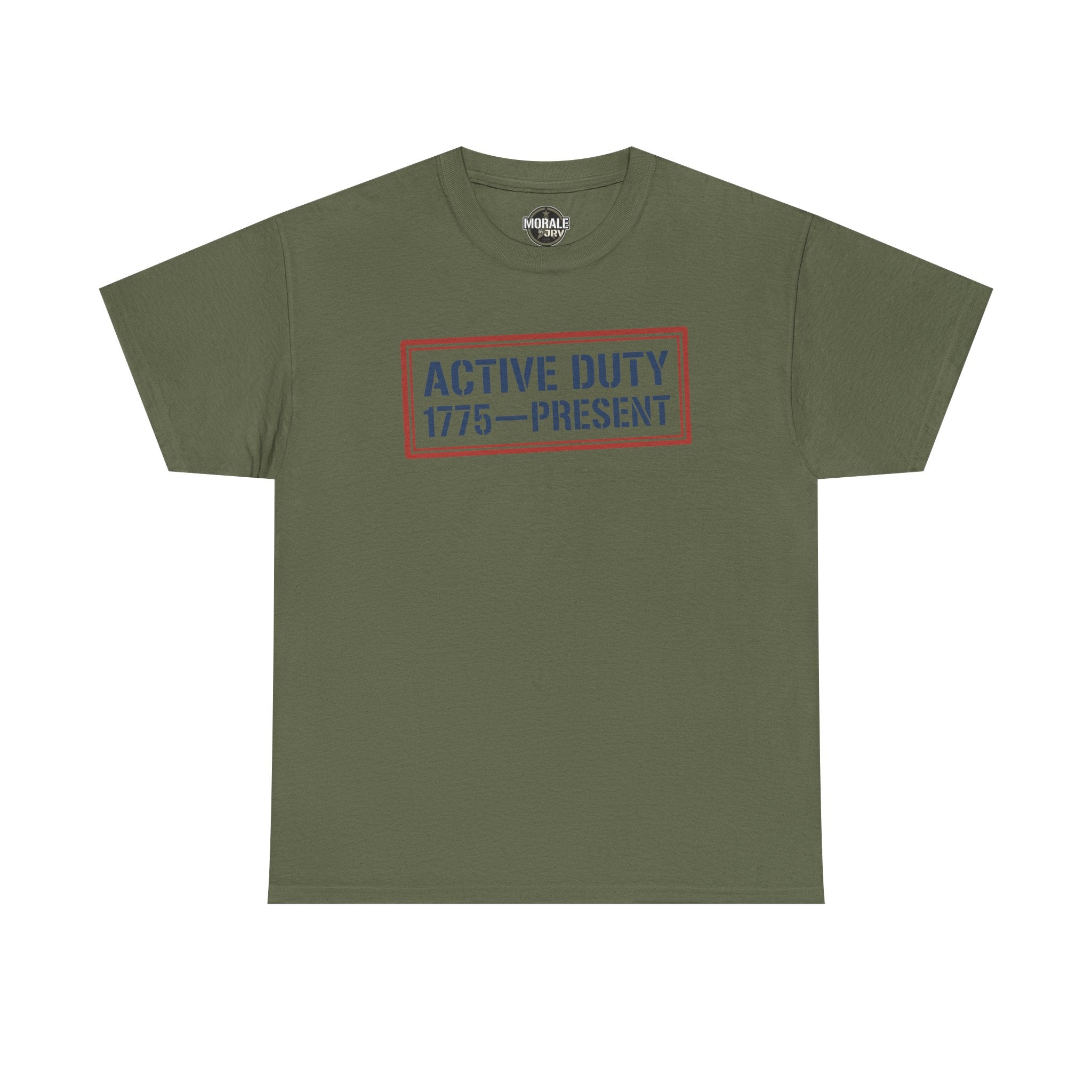 Military green crew neck tee with red and blue “Active Duty 1775–Present” chest logo