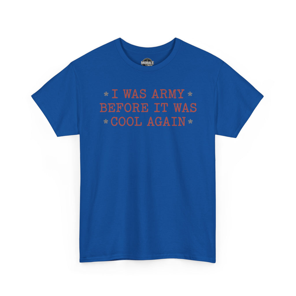 Royal blue T-shirt with orange vintage phrase text