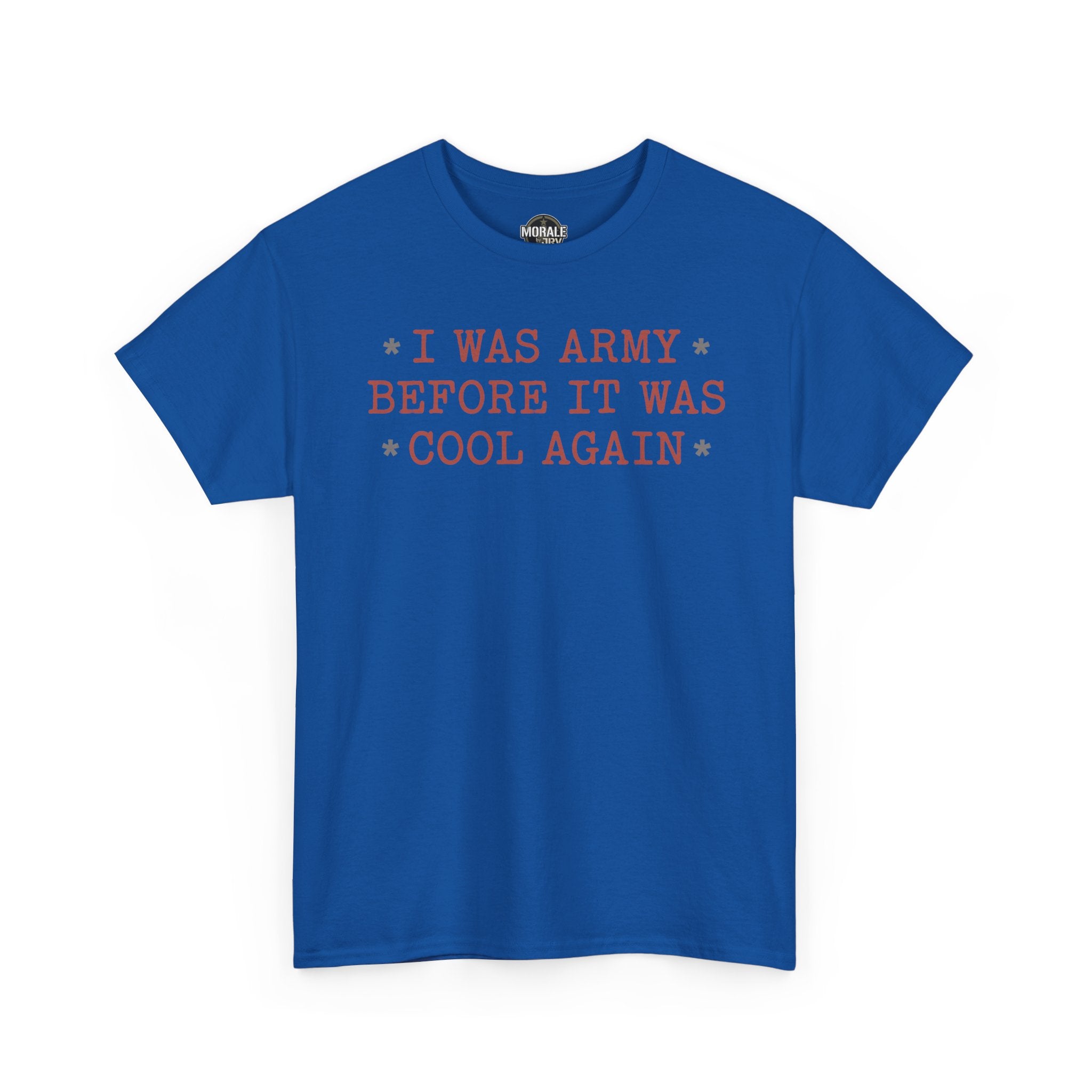 Royal blue T-shirt with orange vintage phrase text