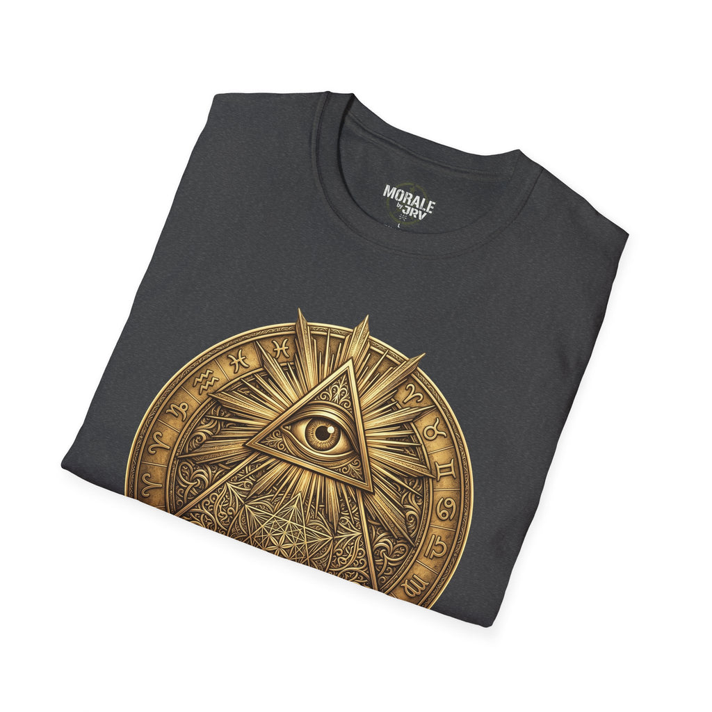 Dark heather T-shirt with gold all-seeing eye mandala occult symbol