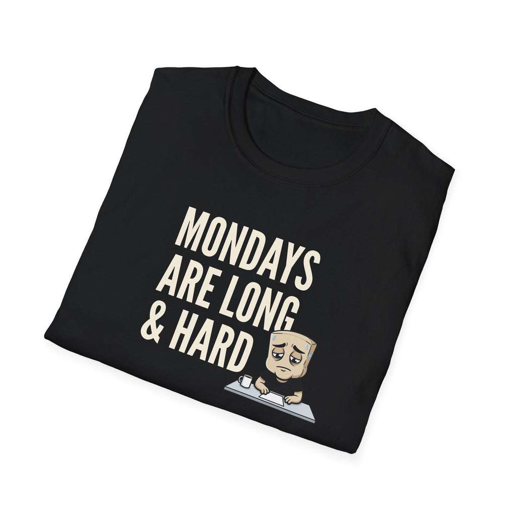Black T-shirt with “Mondays are long & hard” coffee mug graphic