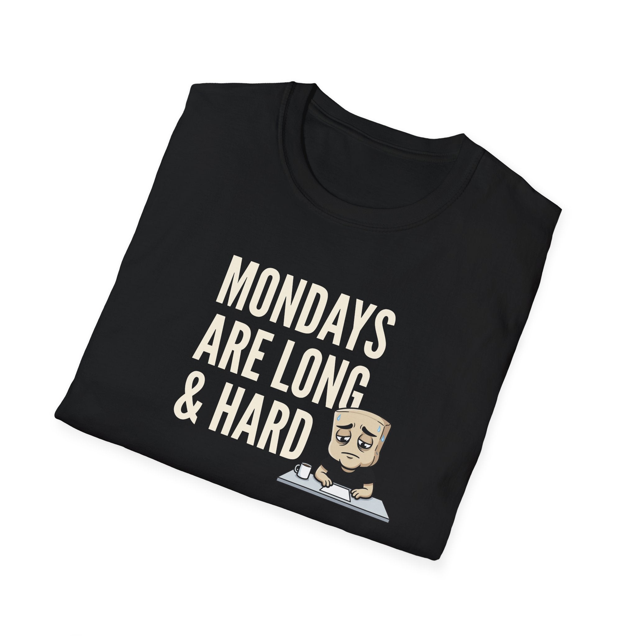Black T-shirt with “Mondays are long & hard” coffee mug graphic