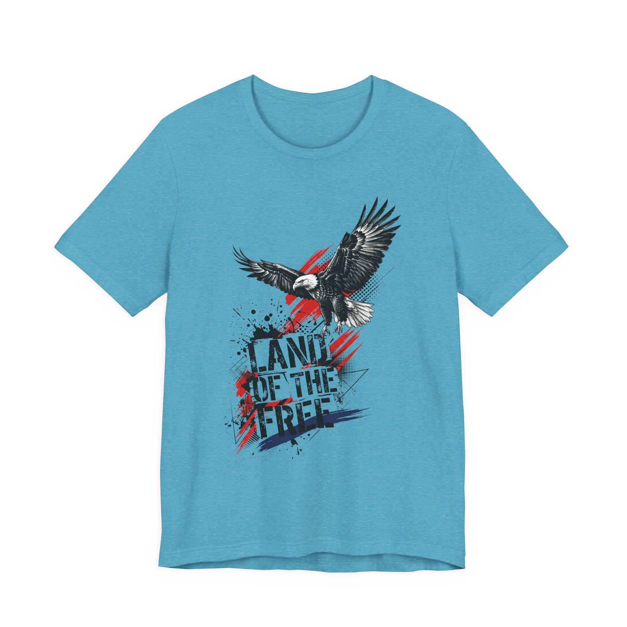 Turquoise graphic eagle t-shirt with distressed patriotic text and flag-style stripes