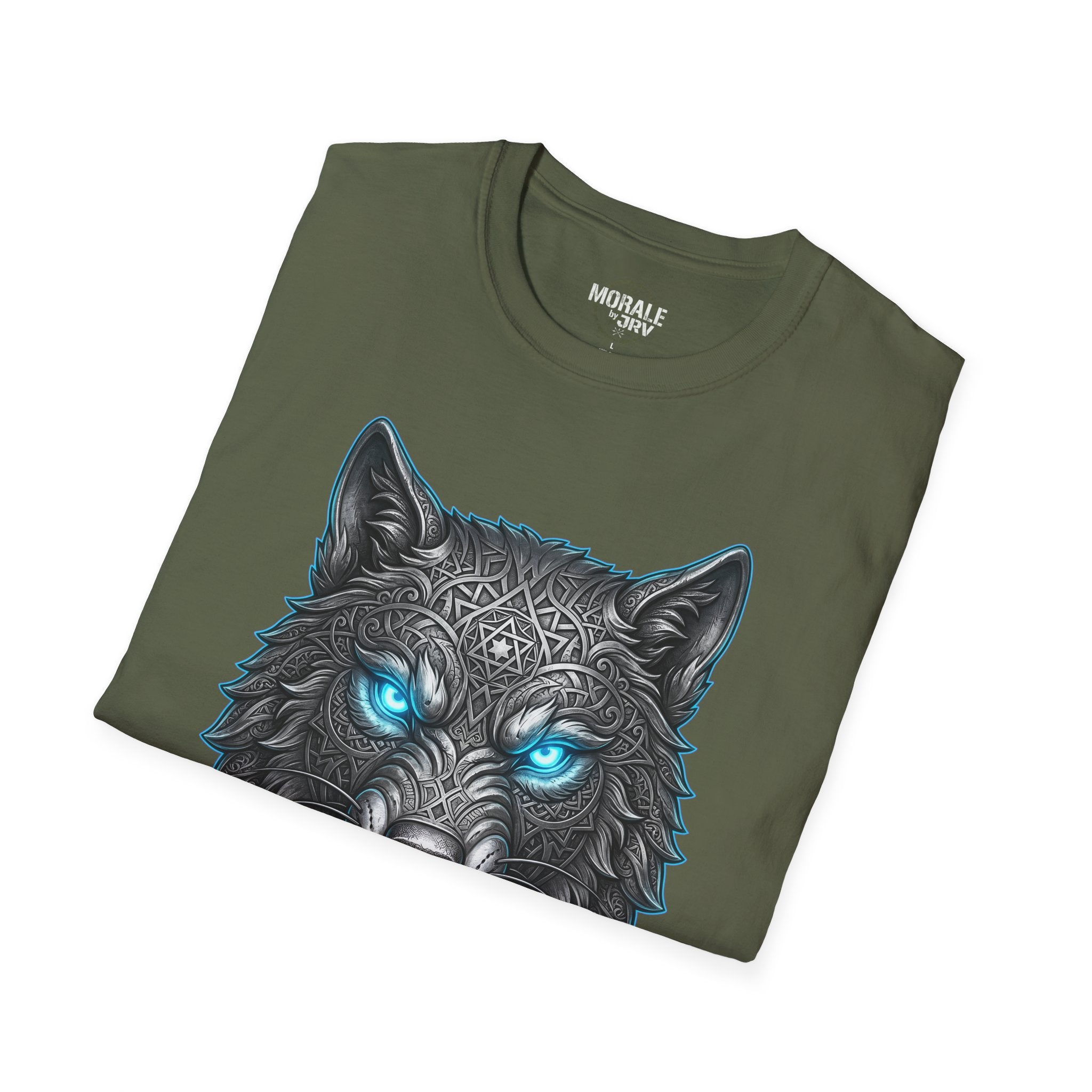 Military Green wolf head T-shirt with glowing blue eyes and ornate pattern