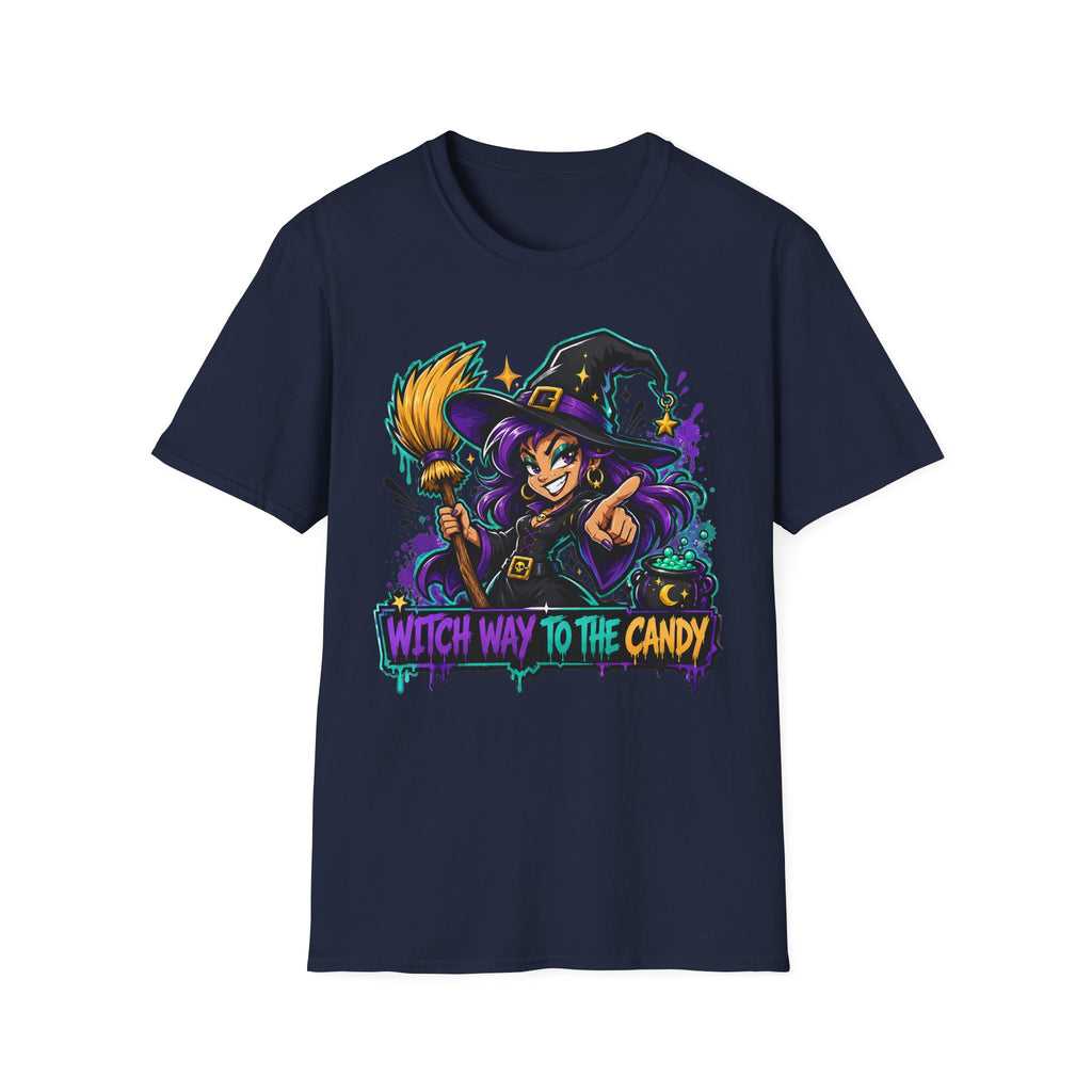 Navy crewneck T-shirt featuring colorful witch holding candy staff graphic