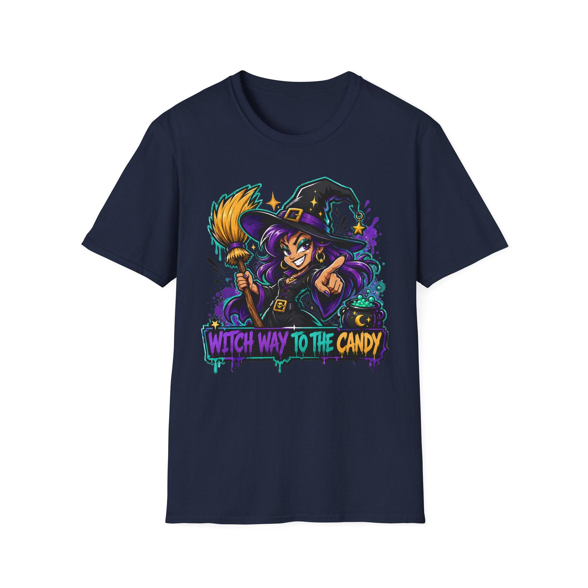 Navy crewneck T-shirt featuring colorful witch holding candy staff graphic
