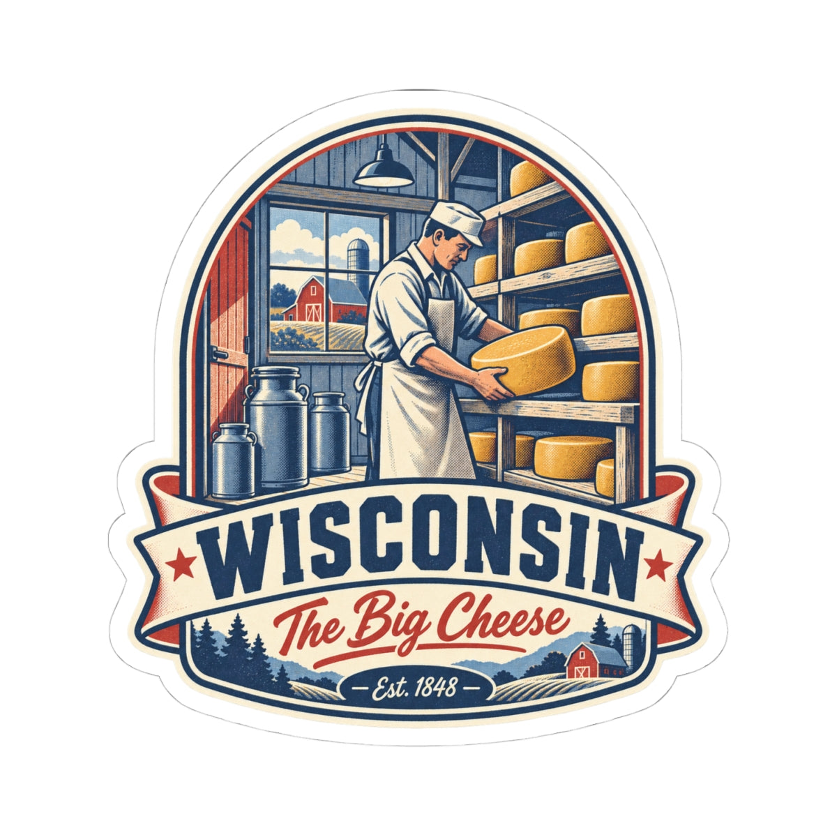 Wisconsin sticker featuring a cheesemaker holding a cheese wheel and "WISCONSIN" text