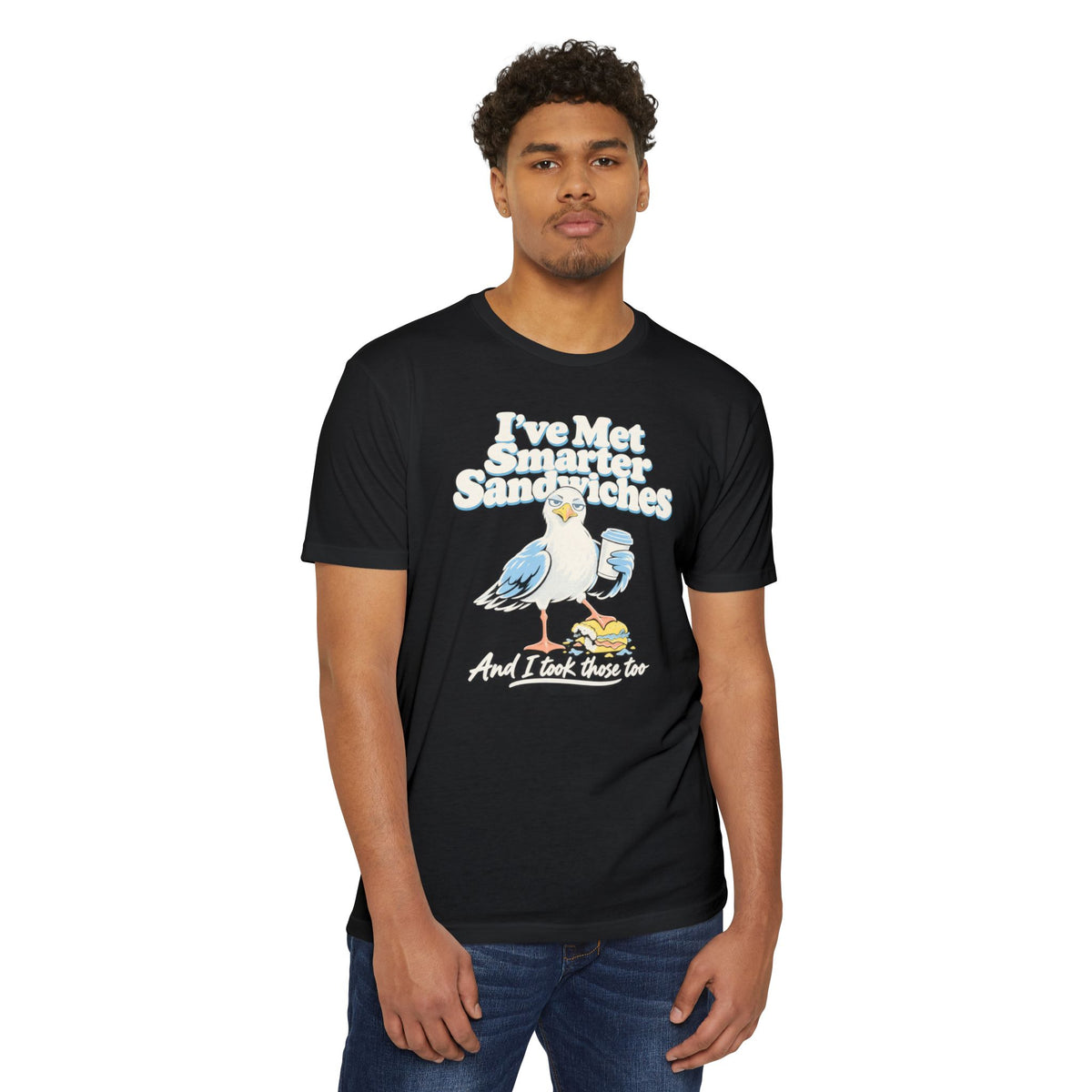Black graphic T-shirt with seagull and slogan print on chest