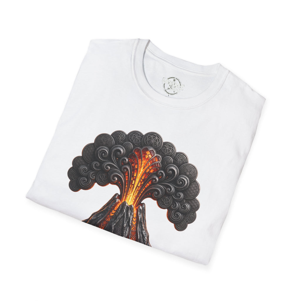 Volcano eruption T-shirt in white with lava and smoke graphic