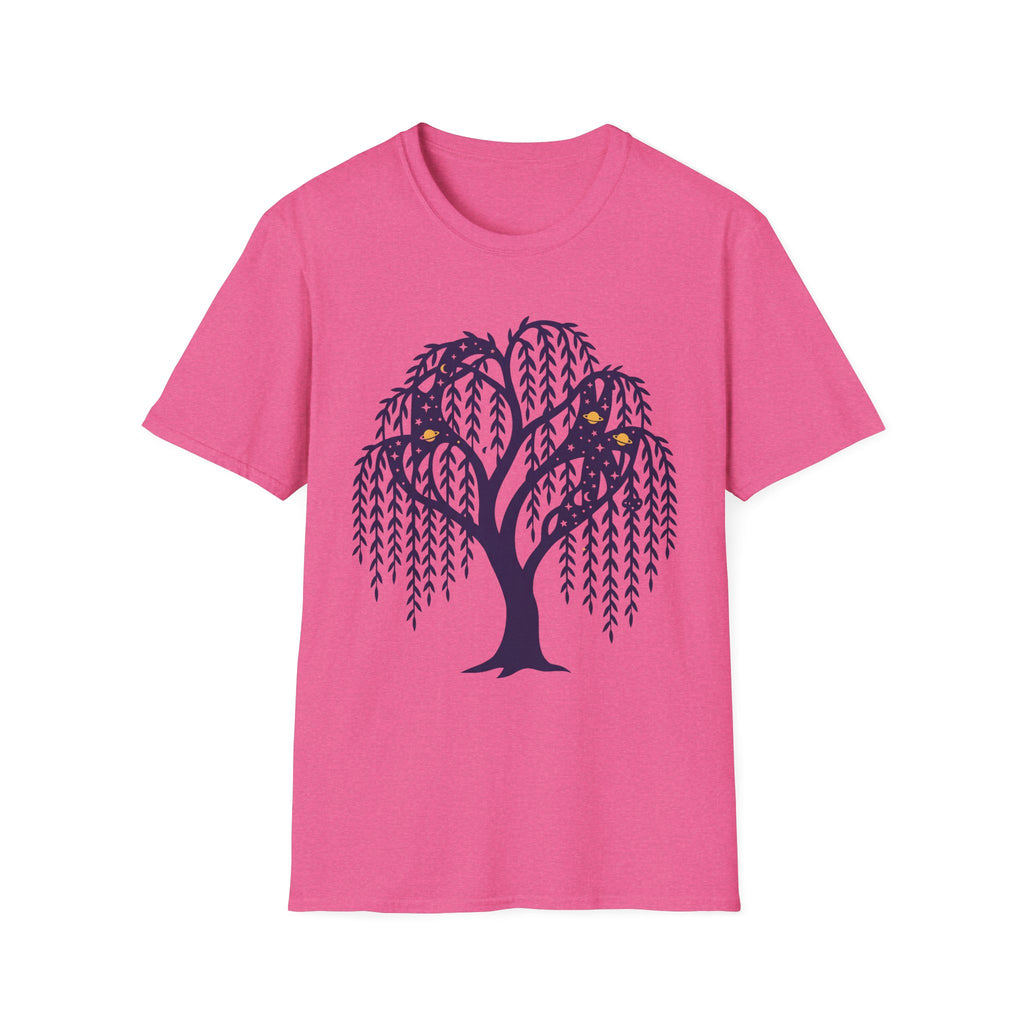 Magenta T-shirt featuring dark blue weeping willow night owl graphic