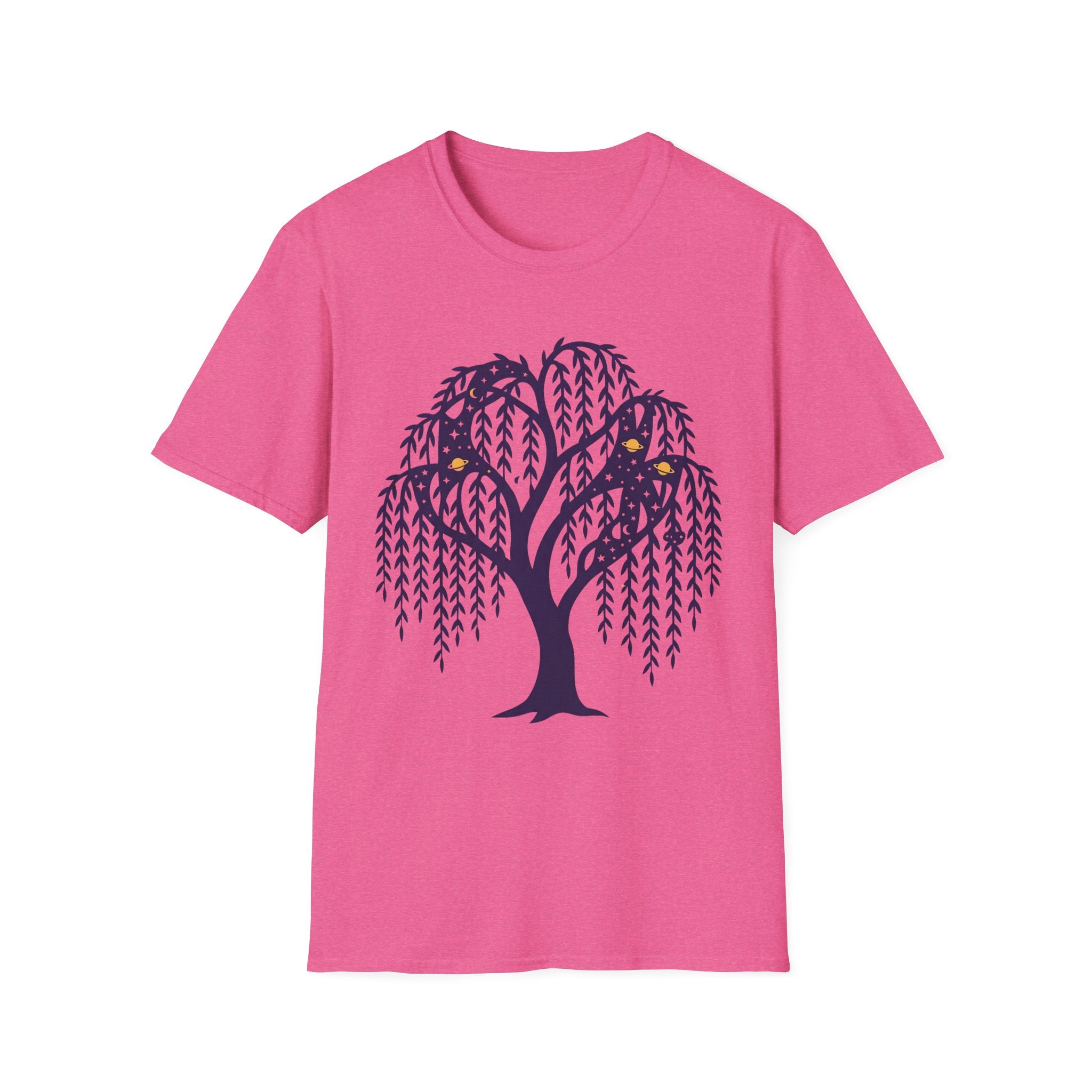Magenta T-shirt featuring dark blue weeping willow night owl graphic
