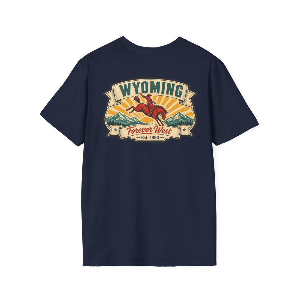 Navy Wyoming graphic T-shirt with cowboy hat banner and landscape logo at chest